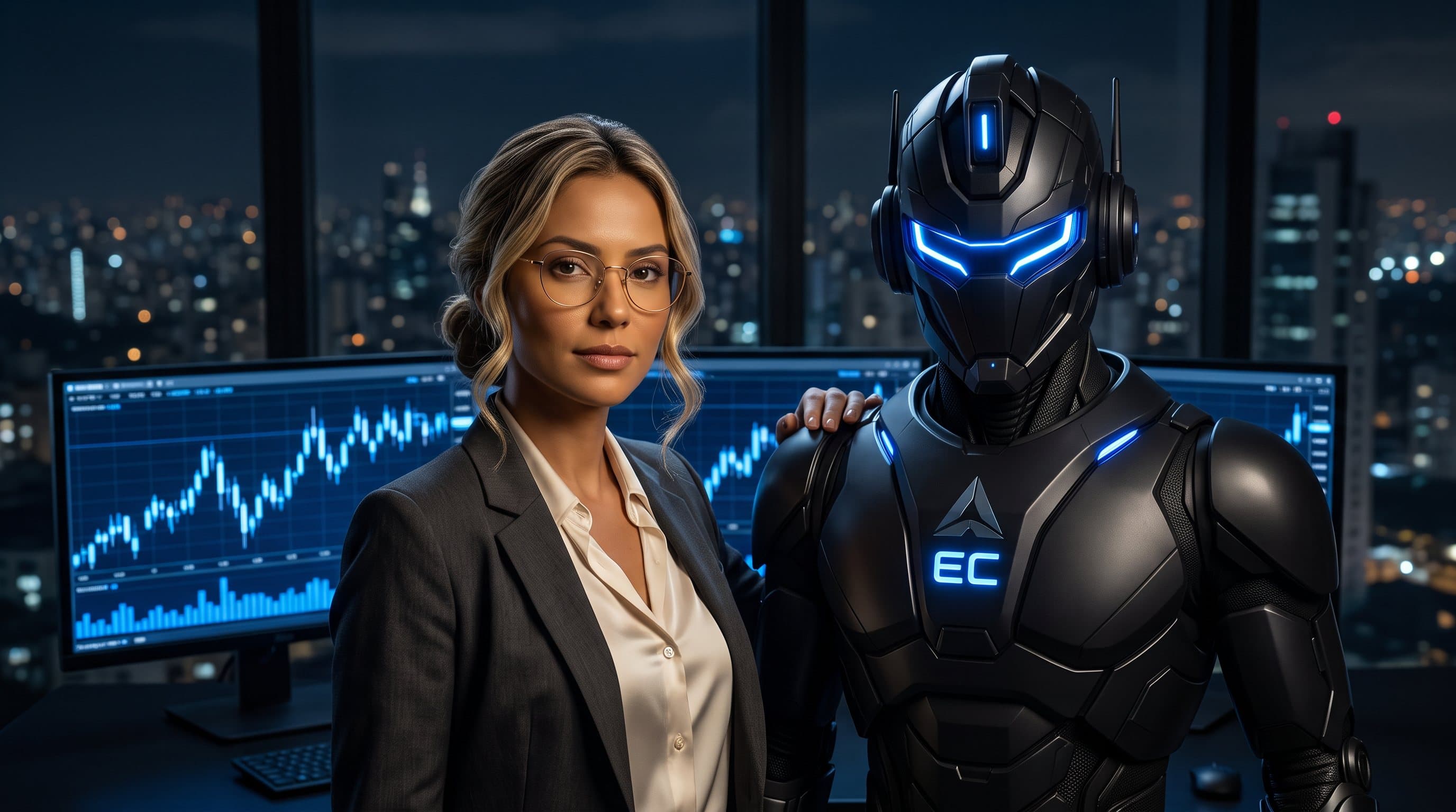 Trader loira brasileira ao lado do bot da Elite Copy Trade.